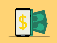 Smartphone mit Dollarzeichen und Geldscheinen - Optionen, um bei Klarna Geld zu leihen
